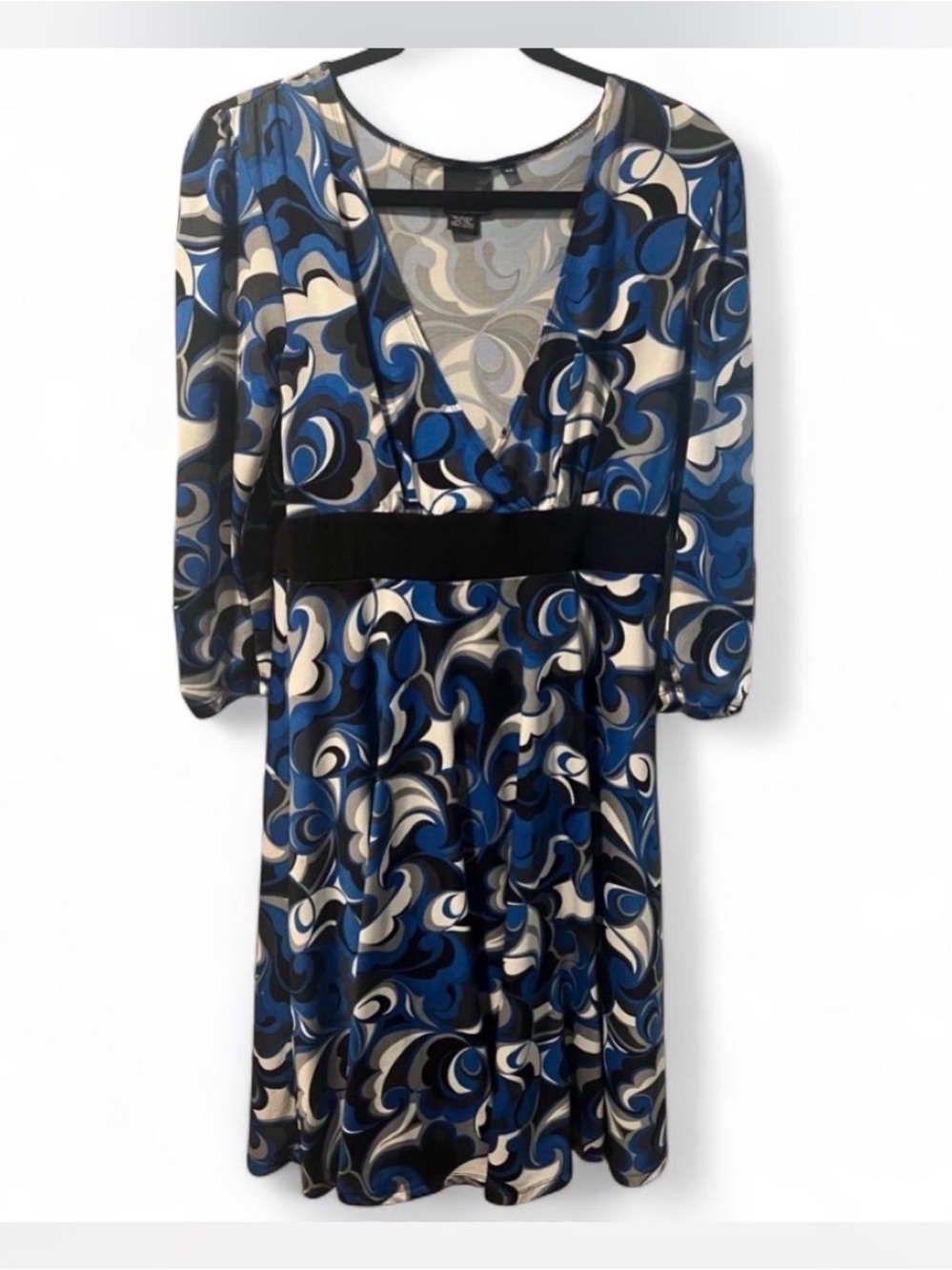Black, Blue, White, and Gray Midi Dress.  Fit & Flare V-Neck with 3/4 Sleeves.
